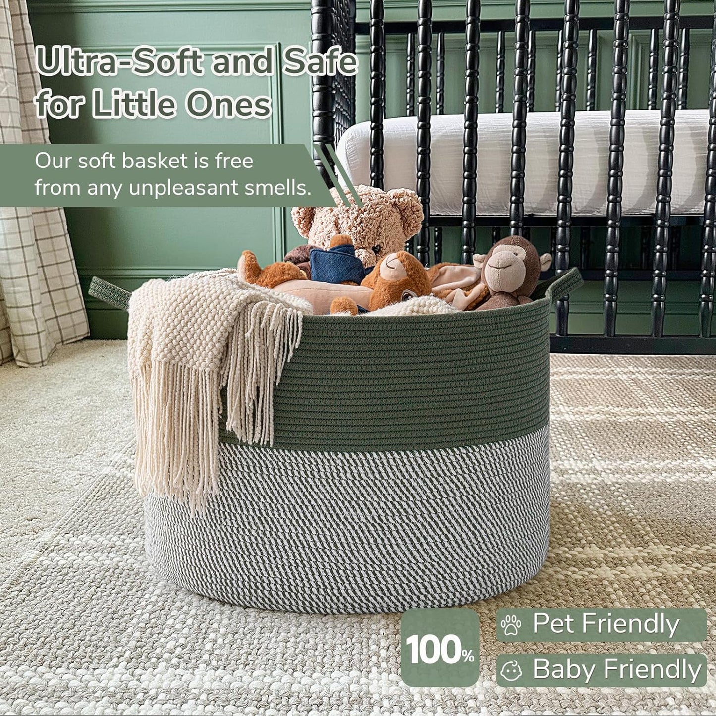 INDRESSME XXXLarge Blanket Basket for Living Room 21.7" x 21.7" x 13.8"-Storage Basket with Handle for Organizing Toy Pillows Woven Cotton Rope Laundry Basket Stuffed Animal Toy Storage for Play Room