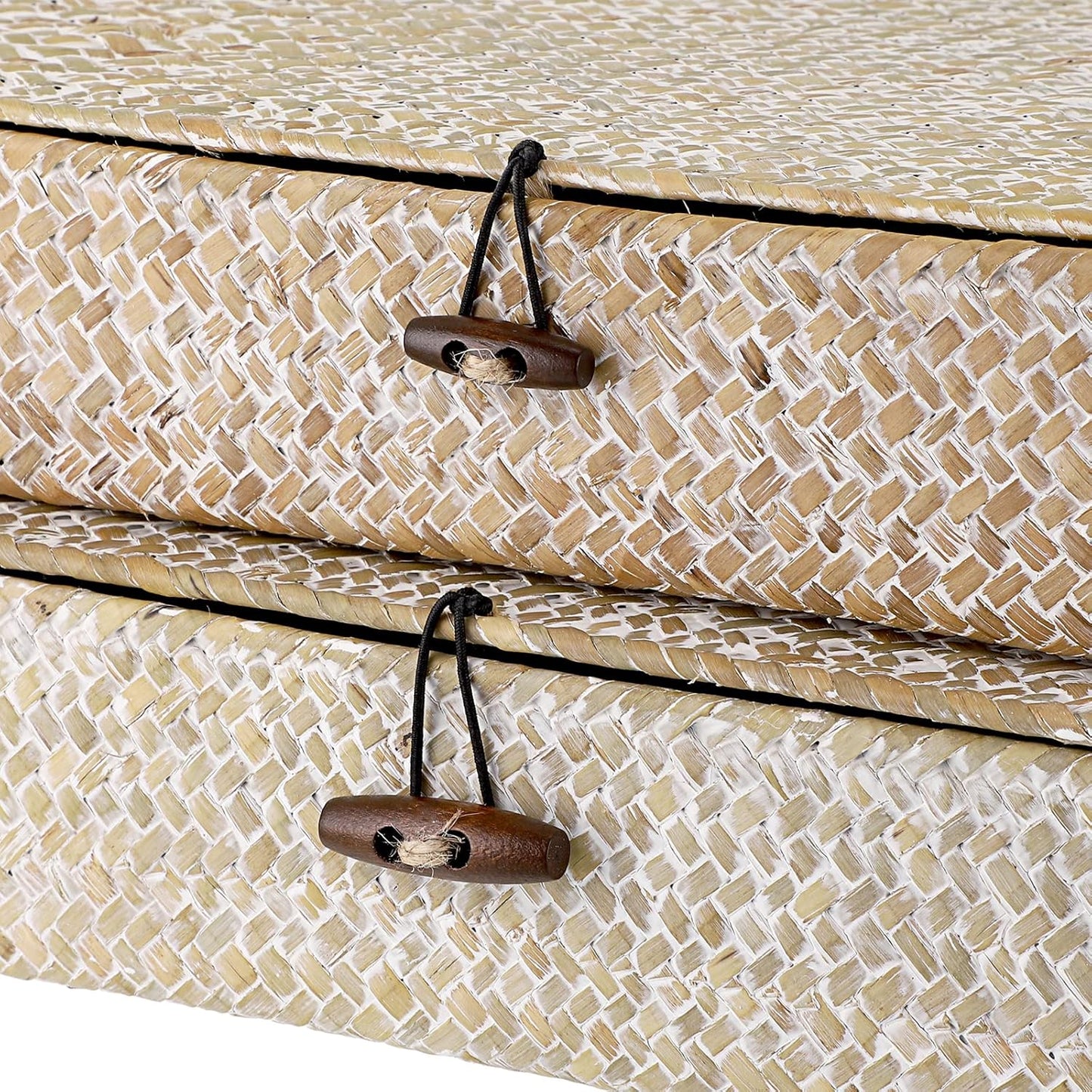 Hipiwe Set of 2 Flat Woven Wicker Storage Bins with Lid Natural Seagrass Basket Multipurpose Home Boxes for Shelf Organizer (Coffee)