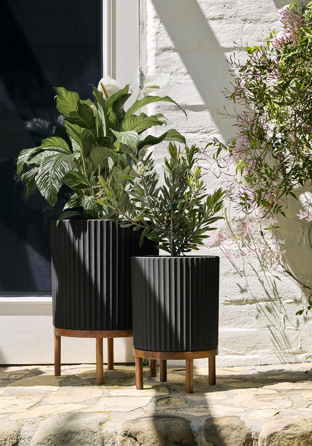 Veradek Demi Series Round Planter w/ Stand for Porch/Patio | Durable Plastic-Concrete & Wooden Stand | Modern Décor for Tall Plants, Flowers