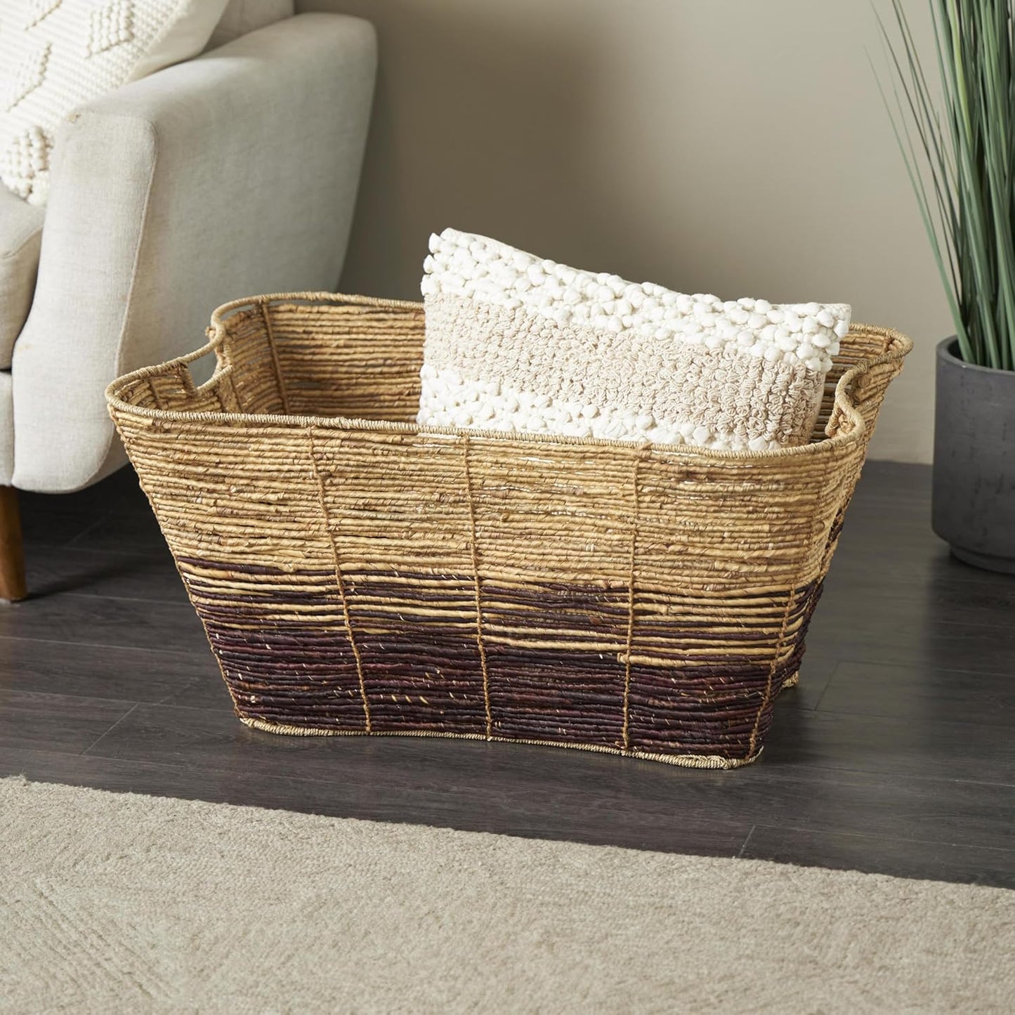 Deco 79 Seagrass Handmade Decorative and Functional Storage Basket Large Woven Basket Organizer with Ring Handles, Basket for Storage 20" x 18" x 19", Brown