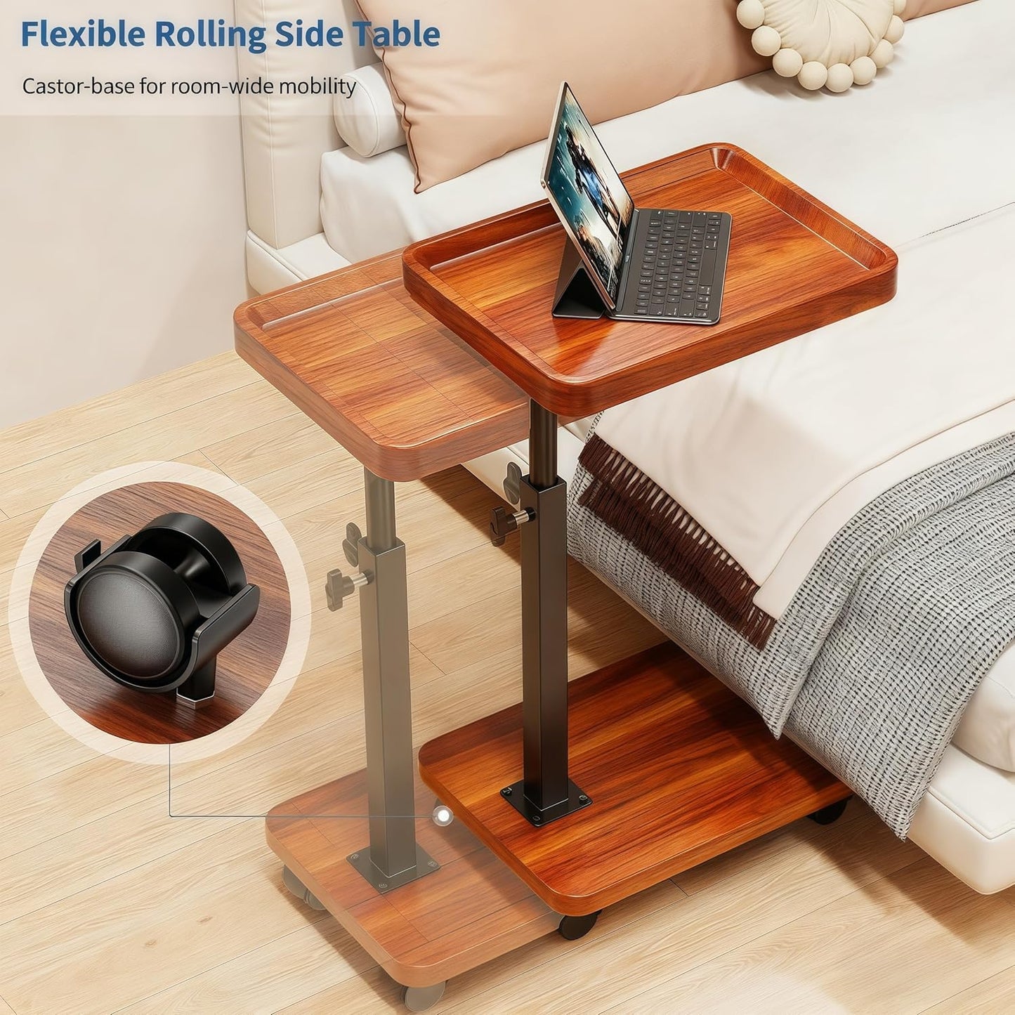 C Table End Table Adjustable Height, 360°Swivel TV Tray Table for Small Spaces, Side Tables with Wheels for Living Room and Bedroom, Bed (Walnut)