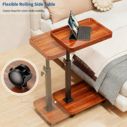 C Table End Table Adjustable Height, 360°Swivel TV Tray Table for Small Spaces, Side Tables with Wheels for Living Room and Bedroom, Bed (Walnut)