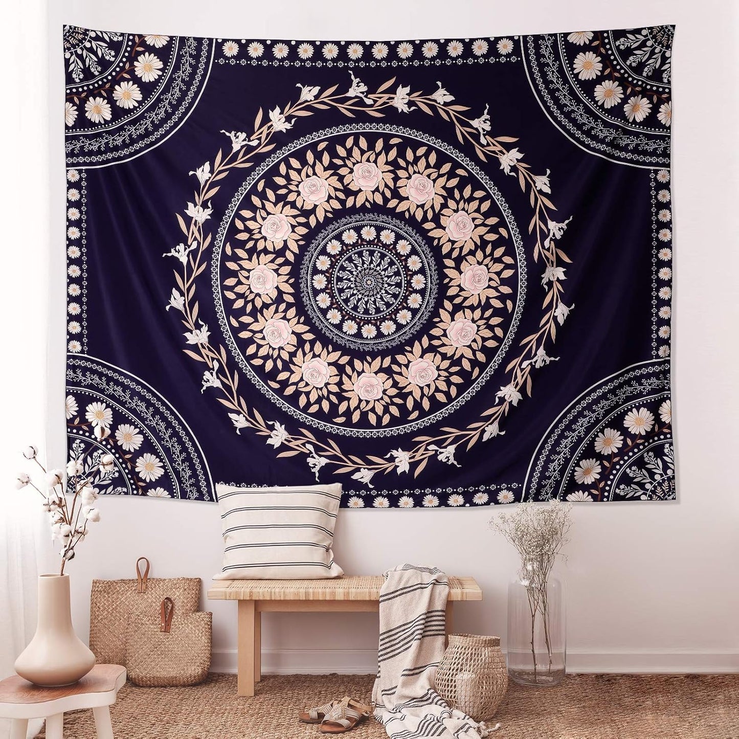Wall Tapestry for Bedroom Aesthetic Pink Mandala Wall Hanging Large Boho Trippy Tapestries Bohemian Art Tapistry Hippie Floral Tapastry Decor For Bedroom Ceiling Living Room Dorm (60ʺ × 60ʺ)