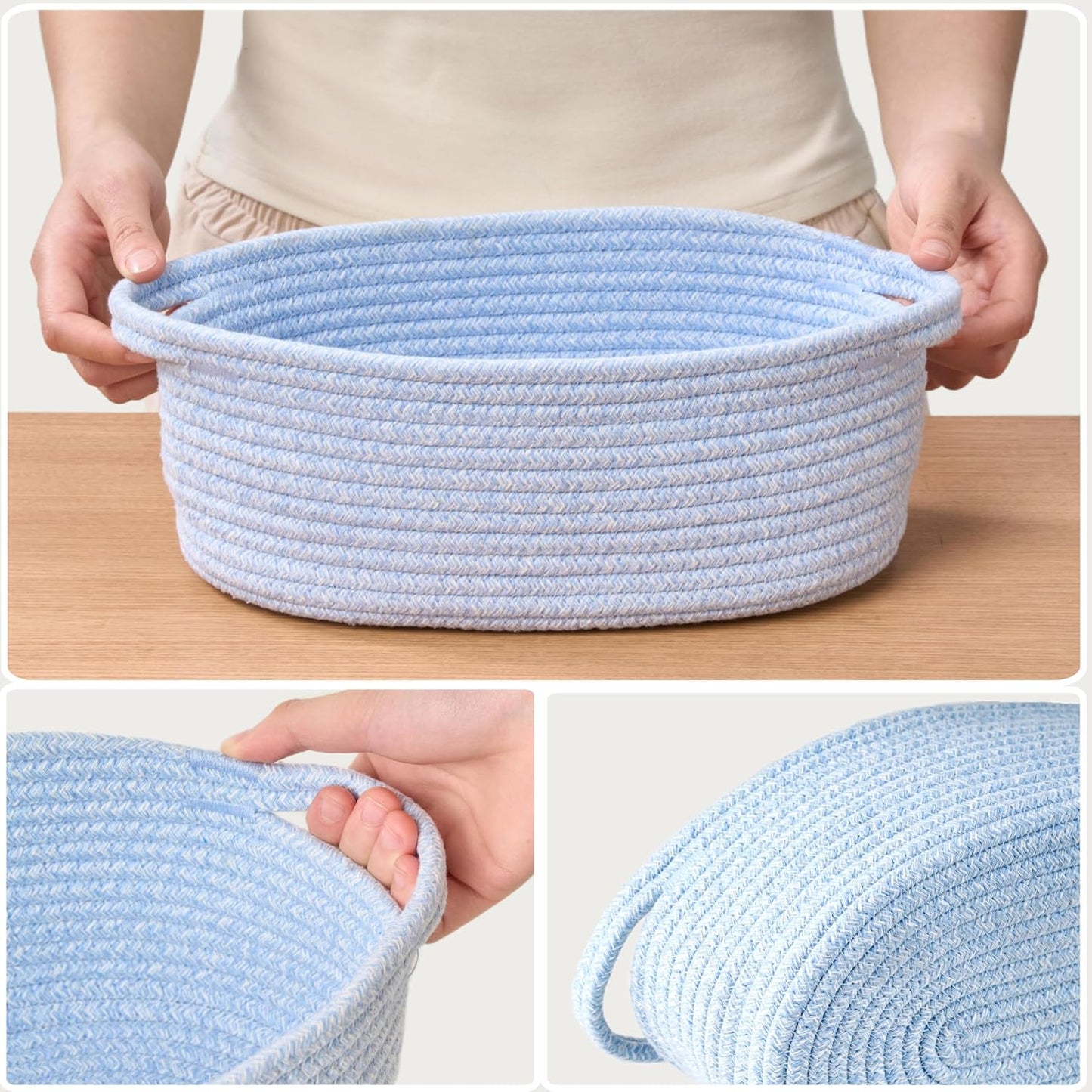 Small Woven Gift Basket Empty with Bag & Ribbon - Gifts for Mom, Baby Shower, Birthdays & Raffle - Cotton Rope Storage Basket for Dog Toys or Shelf - 12"x8"x5", White