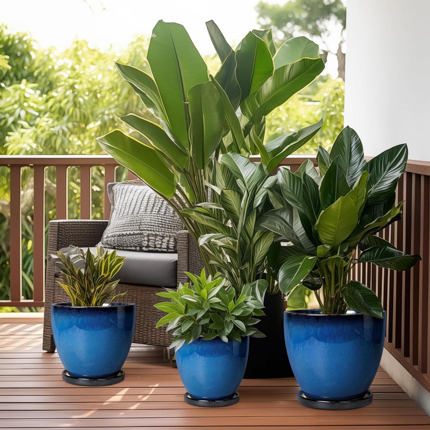 10 Inch Ceramic Planter Pot Round Plant Pot for Indoor Plants Outdoor Large Flower Pot with Drainage Hole and Saucer Blue