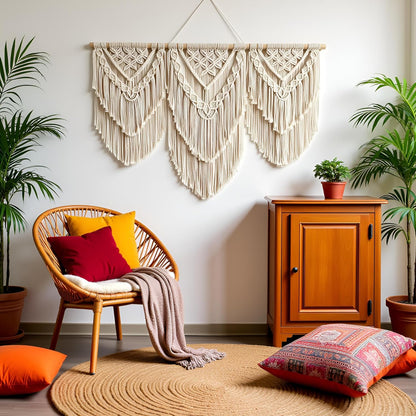 guzhiou large macrame wall hanging - Boho Tapestry Macrame Wall Decor Art- Chic Bohemian Handmade Woven Tapestry Home Decoration for Bedroom Living Room Apartment Wedding Party - 43"x32" (Wood bead)