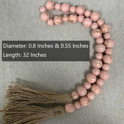 Handcrafted Farmhouse Wooden Decorative Beads Garland, Table Tray Boho Wood Beads with Tassel, Small Rustic Antique Decor for Home and Events (32" Rustic Blue)