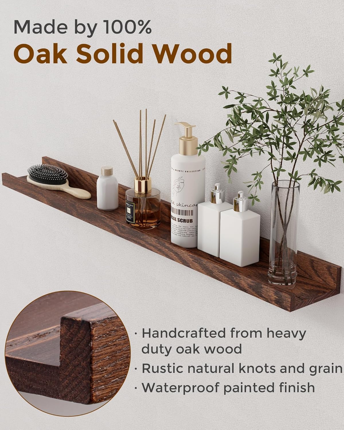 Axeman Oak Picture Ledge Shelf, 48 Inch Floating Shelves Set of 2, Solid Oak Wood Wall Shelves with Lip, Wall Decor Storage for Bedroom Living Room Bathroom Kitchen Nursery Photo Picture, Natural Oak