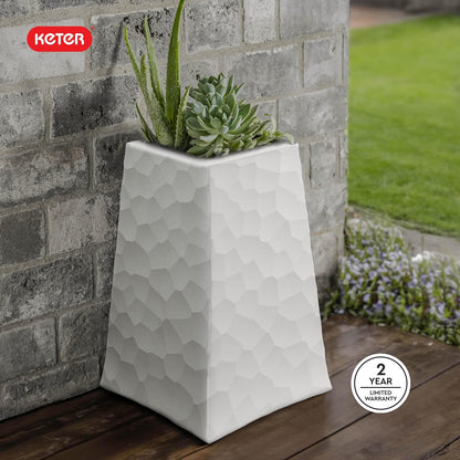 Keter Set of 2 Resin Modern Outdoor 22 Inch Tall Large Flower Pots, Tapered Wood Look Planters for Outdoor Plants and Front Porch Decor, Graphite