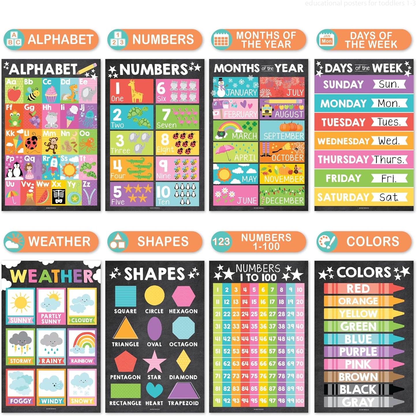 Hadley Designs 16 Educational Posters for Toddler Learning Activities - Laminated Pre-K Posters for Toddlers 1-3, Homeschool Essentials & Preschool Learning Activities, Kindergarten Classroom Decor