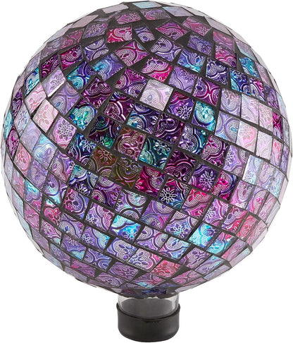 Alpine Corporation 10" Diameter Indoor/Outdoor Glass Mosaic Gazing Globe Yard Decoration, Purple Pearlized Petals Design
