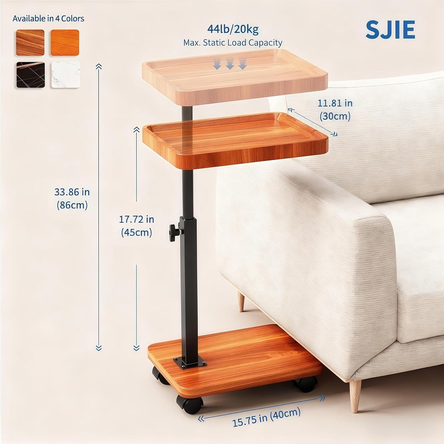 C Table End Table Adjustable Height, 360°Swivel TV Tray Table for Small Spaces, Side Tables with Wheels for Living Room and Bedroom, Bed (Walnut)