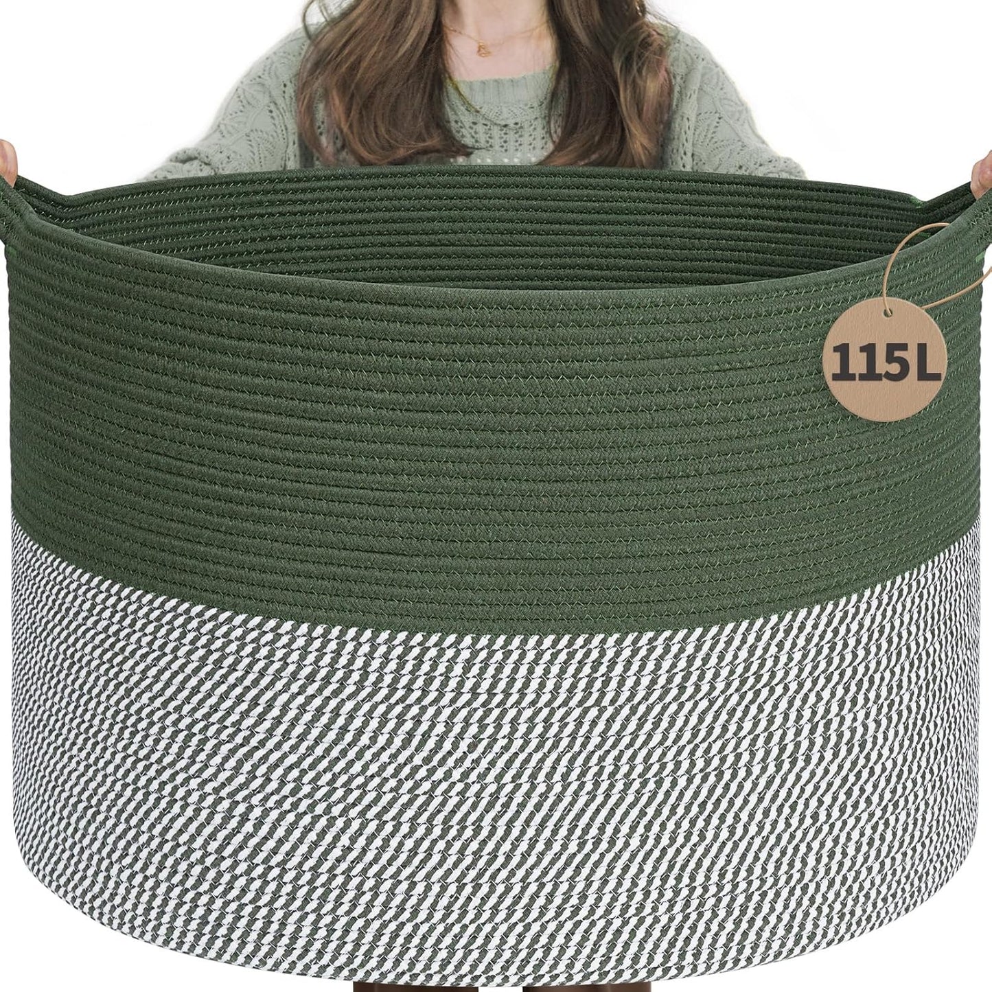 INDRESSME XXXLarge Blanket Basket for Living Room 21.7" x 21.7" x 13.8"-Storage Basket with Handle for Organizing Toy Pillows Woven Cotton Rope Laundry Basket Stuffed Animal Toy Storage for Play Room