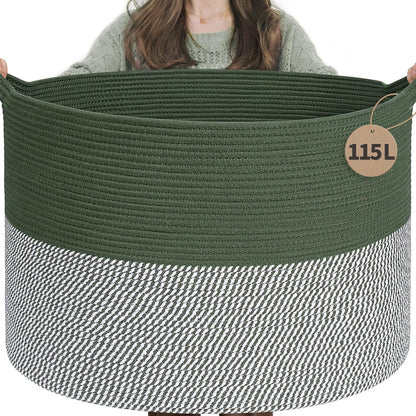 INDRESSME XXXLarge Blanket Basket for Living Room 21.7" x 21.7" x 13.8"-Storage Basket with Handle for Organizing Toy Pillows Woven Cotton Rope Laundry Basket Stuffed Animal Toy Storage for Play Room