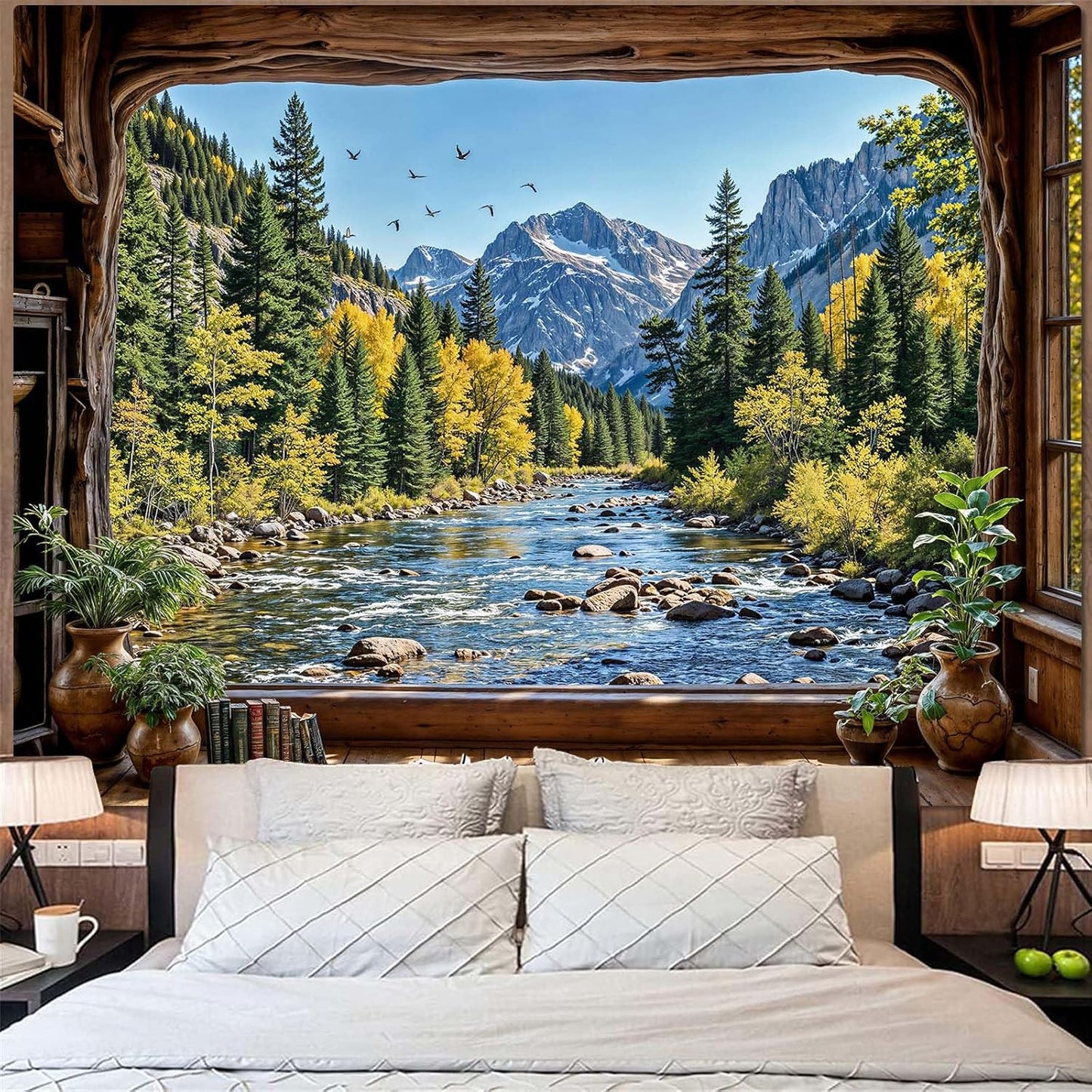 Lifeella Fantasy Castle Window Tapestry, Magic Woodland Scene Large Wall Backdrop, Fairytale Moon Mural for Bedroom Dorm Living Room Decor, 60x80 inches