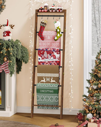 Hzuaneri Blanket Ladder Shelf, Decorative Quilt Rack, 6-Tier Farmhouse Ladder Holder Organizer with 4 Removable Hooks 7.9" D x 17.3" W x 63.4" H, Rustic Brown BR35801B