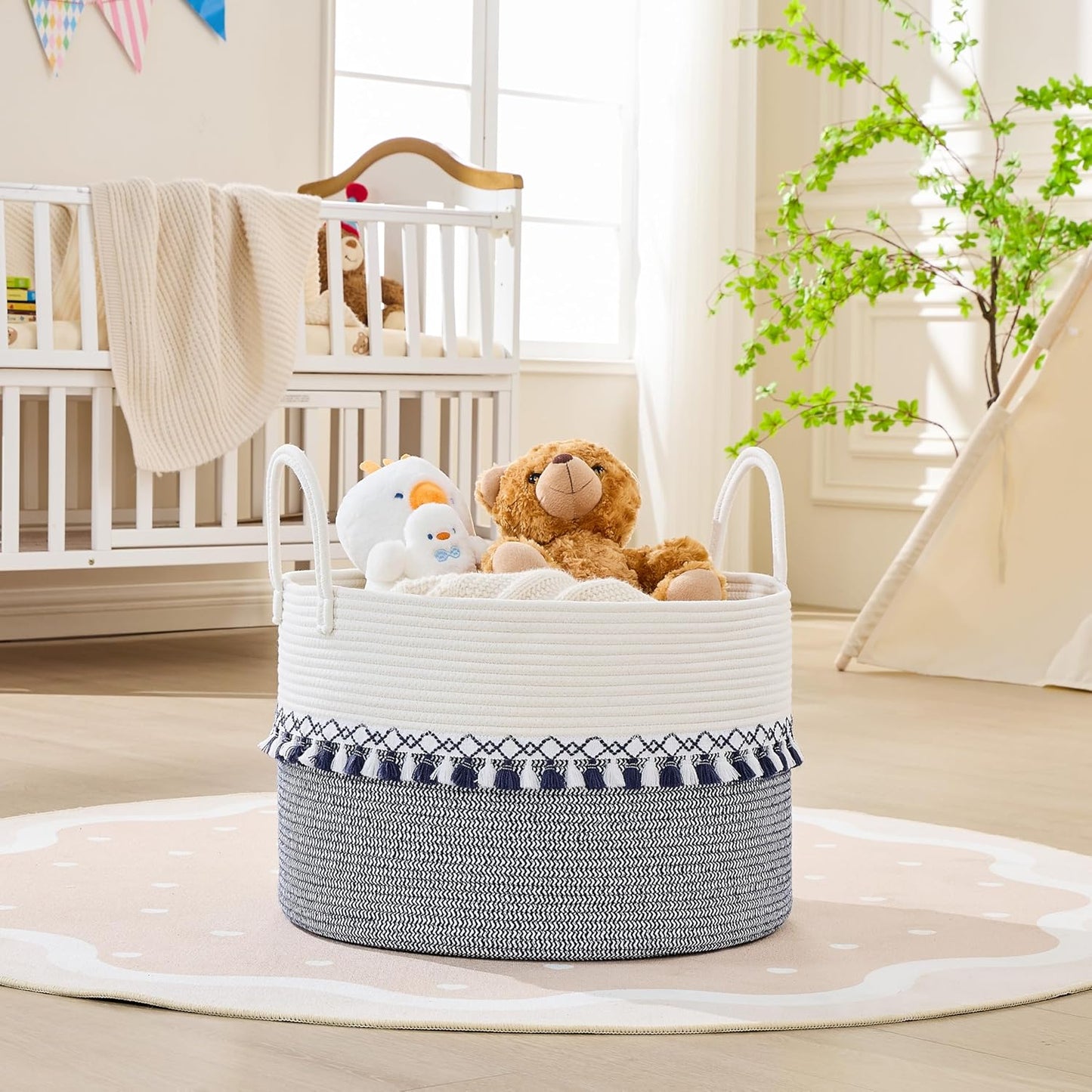 KAKAMAY Large Blanket Basket (20"x13"),Woven Baskets for storage Baby Laundry Hamper, Cotton Rope Blanket Basket for Living Room, Laundry, Nursery, Pillows, Baby Toy chest (White/Brown)