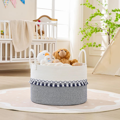 KAKAMAY Large Blanket Basket (20"x13"),Woven Baskets for storage Baby Laundry Hamper, Cotton Rope Blanket Basket for Living Room, Laundry, Nursery, Pillows, Baby Toy chest (White/Brown)