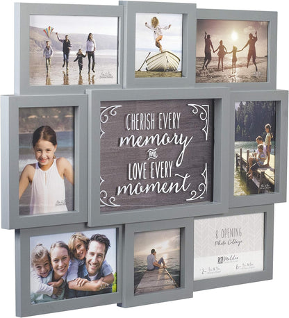Malden International Designs Gray Cherish Every Moment 8-Opening Sentiment Dimensional Picture Frame Wall Collage, 8372-08