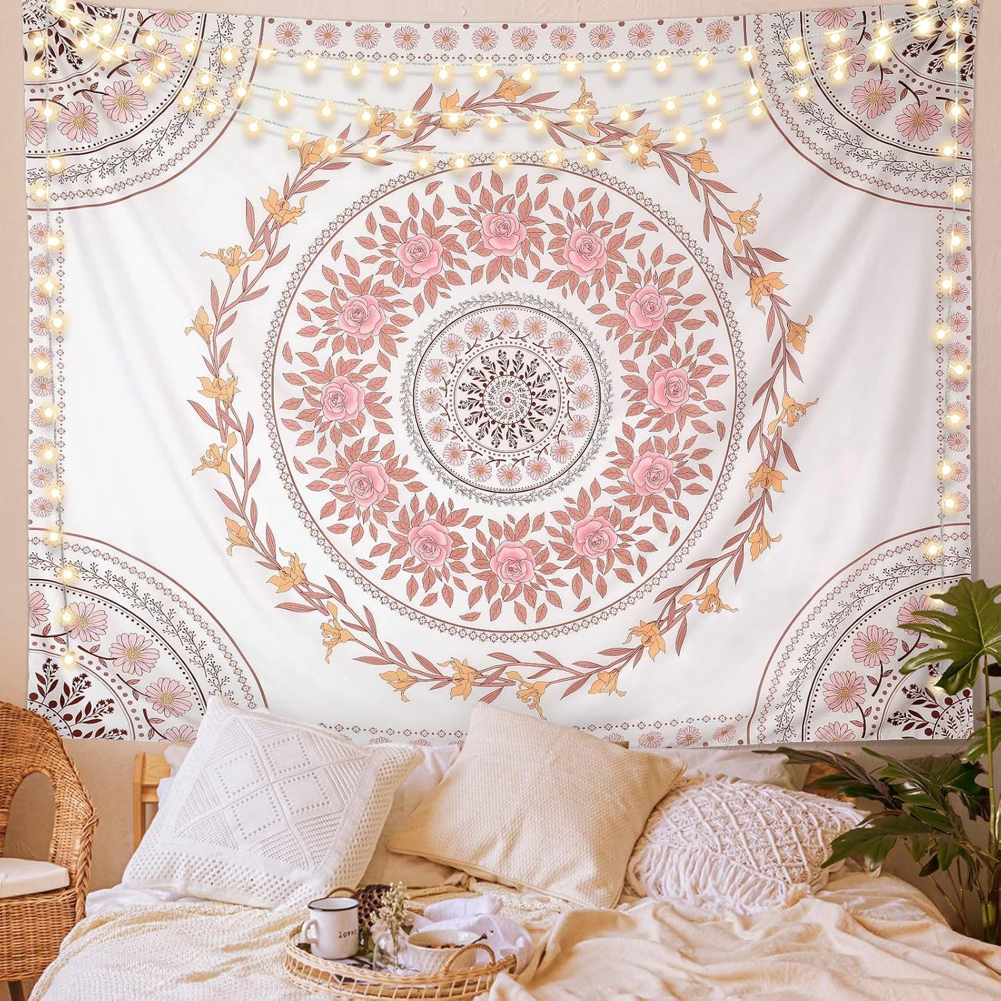 Wall Tapestry for Bedroom Aesthetic Pink Mandala Wall Hanging Large Boho Trippy Tapestries Bohemian Art Tapistry Hippie Floral Tapastry Decor For Bedroom Ceiling Living Room Dorm (60ʺ × 60ʺ)