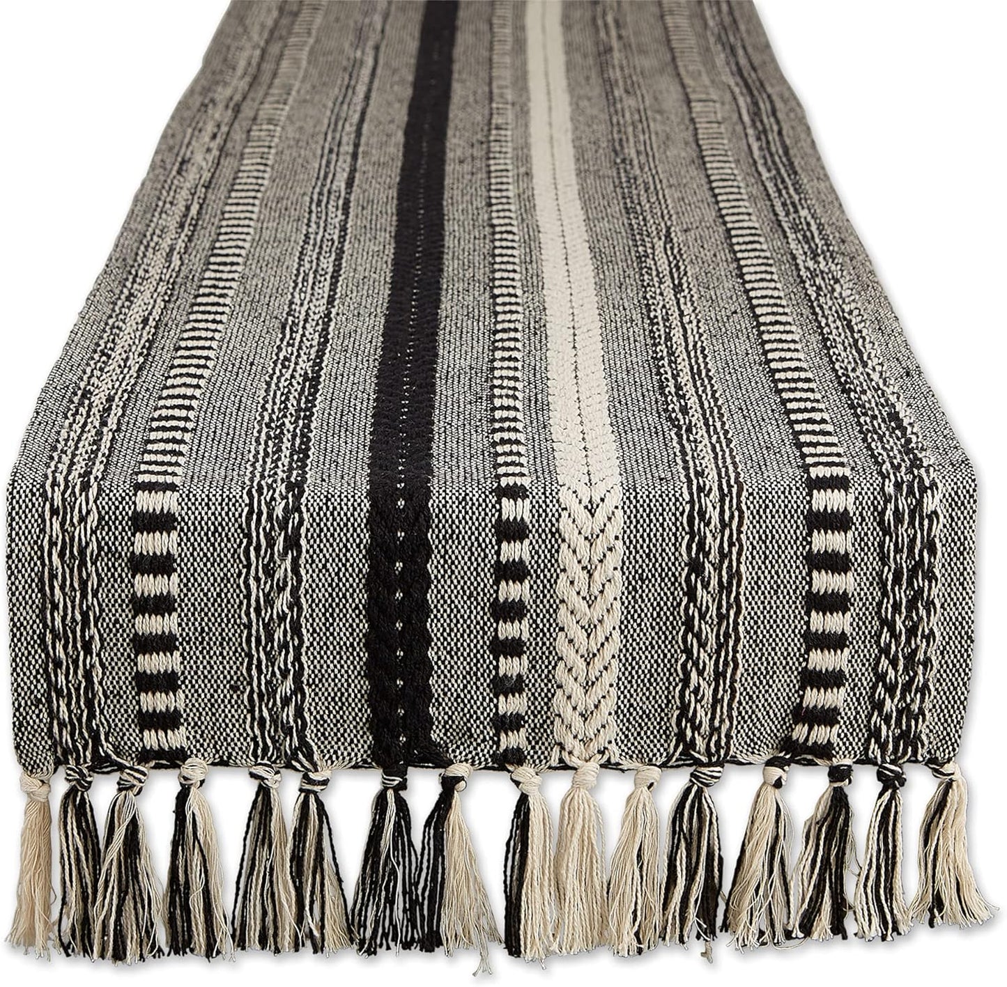 DII Farmhouse Braided Stripe Table Runner Collection, 15x72 (15x77, Fringe Included), Black