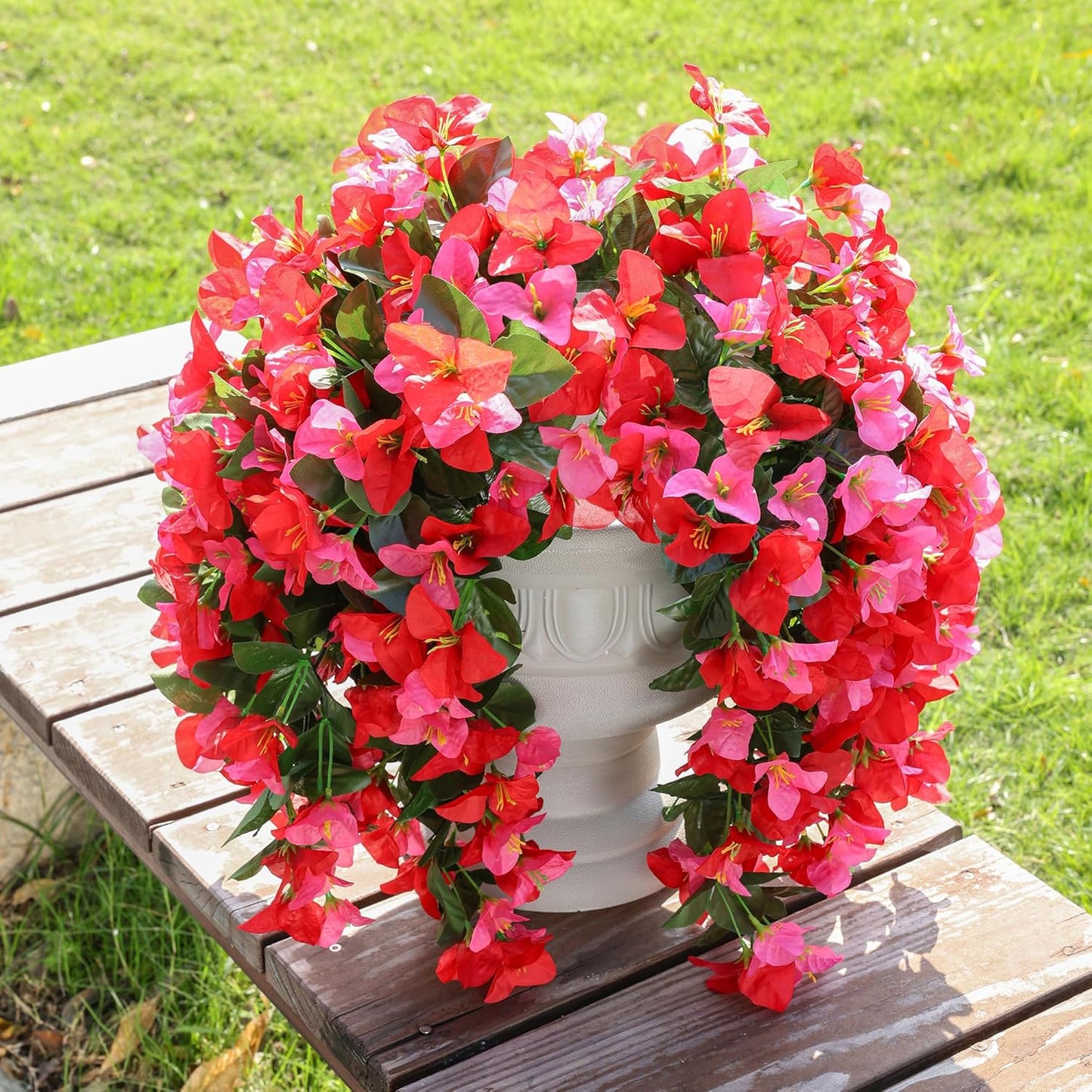 Faux Bougainvillea Artificial Flowers Plants for Outdoor Outside Decoration, 2 PCS Red Fake Flowers UV Resistant Look Real Silk Long Trailing Vines for Front Door Porch Planter Urn Patio Garden Yard