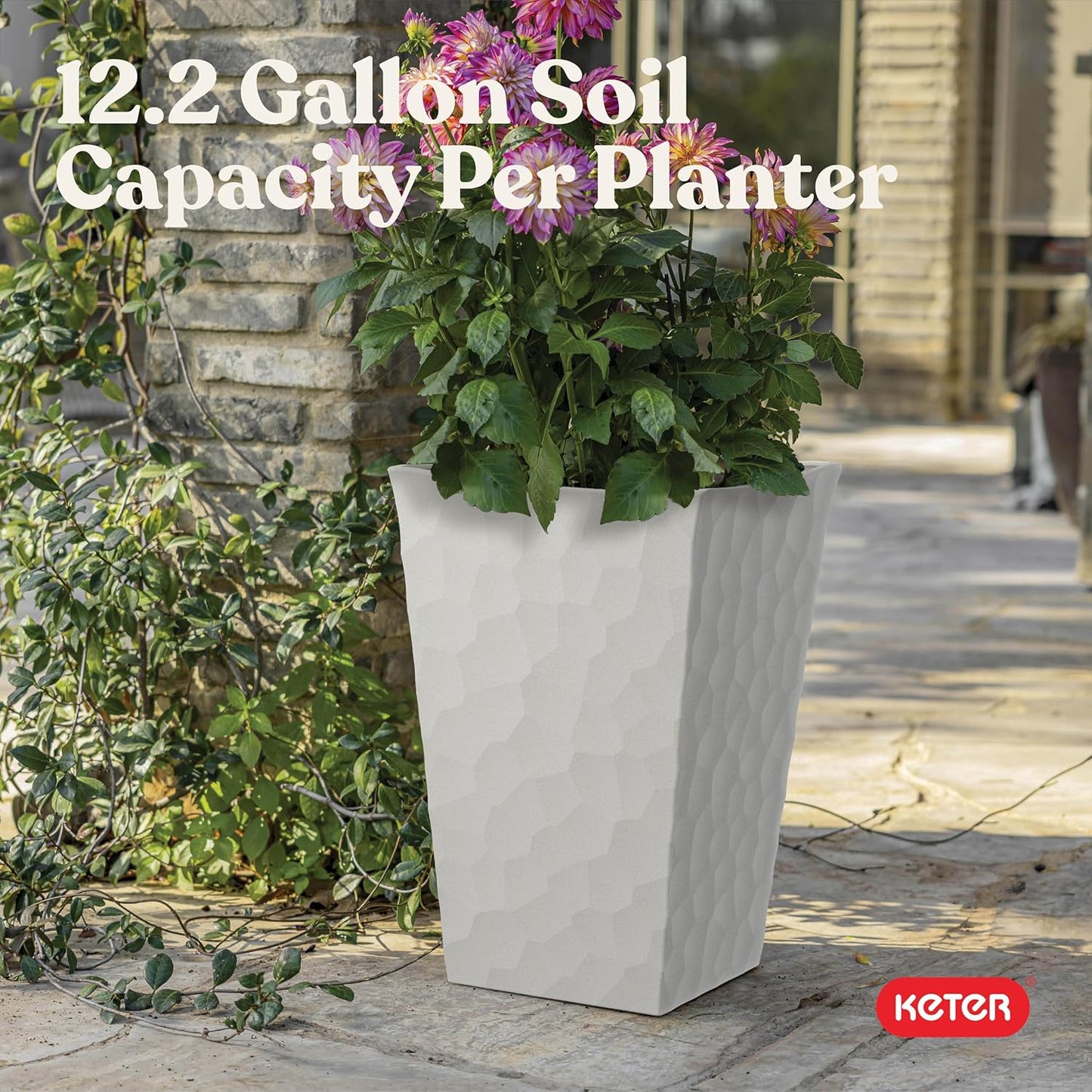 Keter Set of 2 Resin Modern Outdoor 22 Inch Tall Large Flower Pots, Tapered Wood Look Planters for Outdoor Plants and Front Porch Decor, Graphite