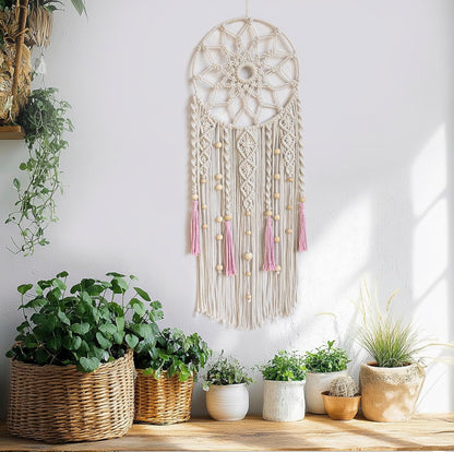 LB Boho Macrame Wall Hanging - Green and Beige Handmade Cotton Woven Decor, Modern Geometric Bohemian Tapestry Wall Decor for Bedroom Living Room Home (31.5"x9.84") Nature-Inspired Room Decor
