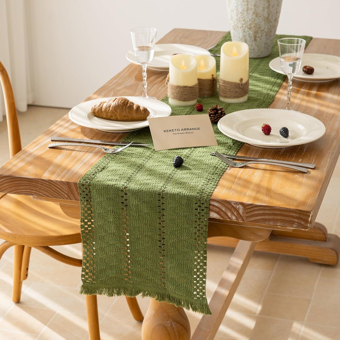 Keketoarrange Boho Sage Green Table Runner for Summer Home Decorations 12x72 Inches Farmhouse Small Macrame Woven Burlap Rustic Coffee Dresser Dining Kitchen Centerpiece Bohemian Decor