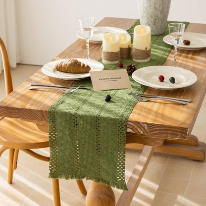 Keketoarrange Boho Sage Green Table Runner for Summer Home Decorations 12x72 Inches Farmhouse Small Macrame Woven Burlap Rustic Coffee Dresser Dining Kitchen Centerpiece Bohemian Decor