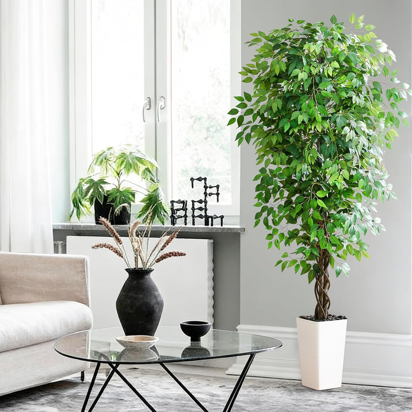 Artificial Ficus Tree 6FT Faux Plants Indoor Tall Fake Plants with White Planter, Green Lifelike Lush Fake Ficus Tree for Home Living Room Bedroom Outdoor Balcony House Office Decor