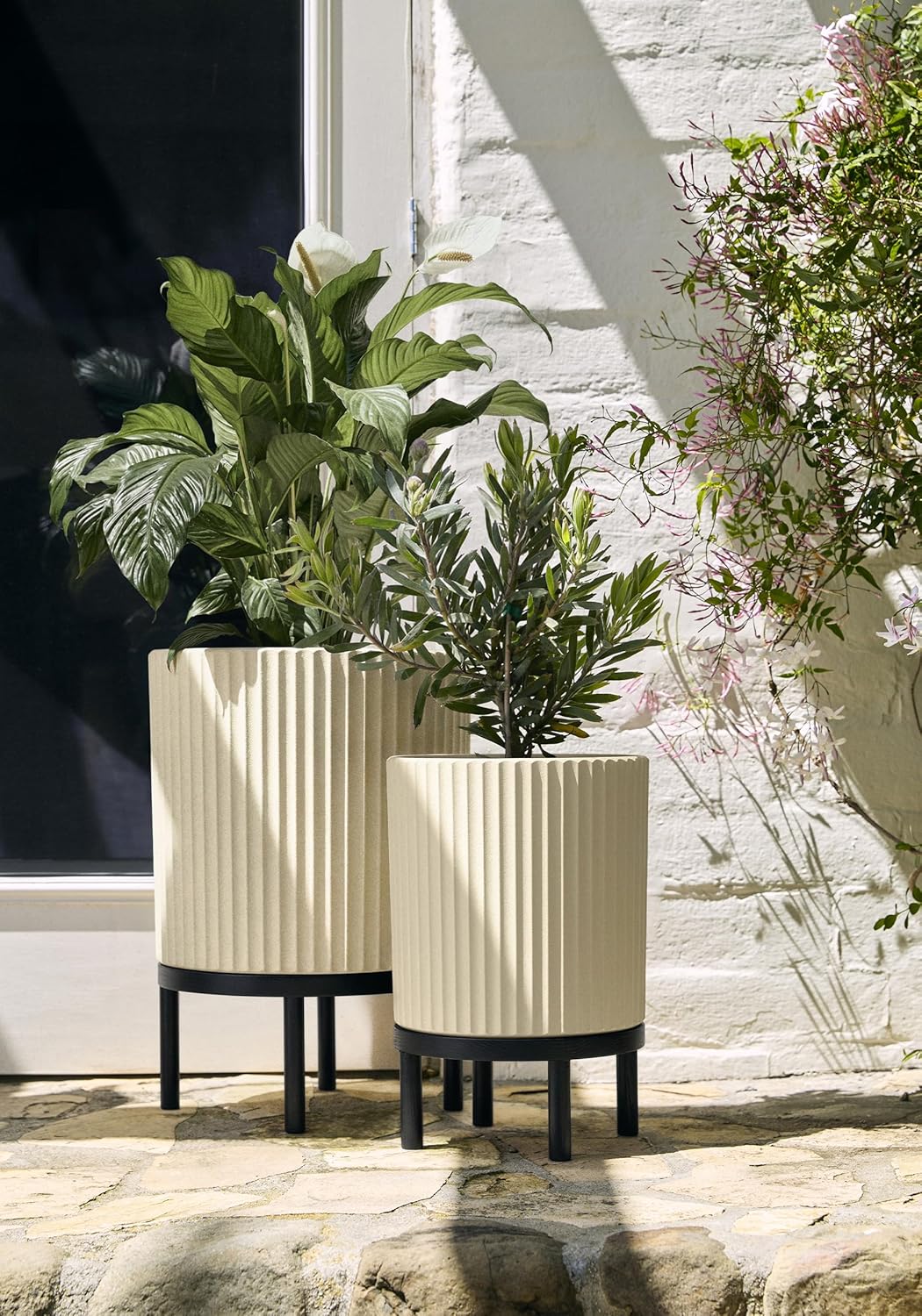 Veradek Demi Series Round Planter w/ Stand for Porch/Patio | Durable Plastic-Concrete & Wooden Stand | Modern Décor for Tall Plants, Flowers