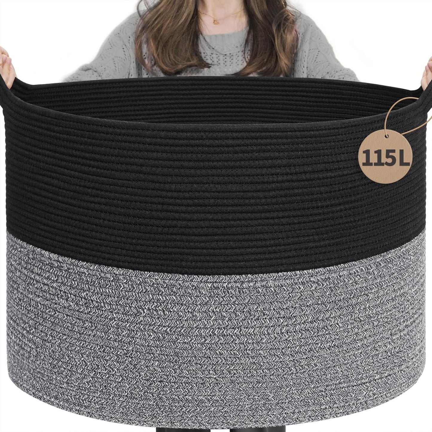 INDRESSME XXXLarge Blanket Basket for Living Room 21.7" x 21.7" x 13.8"-Storage Basket with Handle for Organizing Toy Pillows Woven Cotton Rope Laundry Basket Stuffed Animal Toy Storage for Play Room