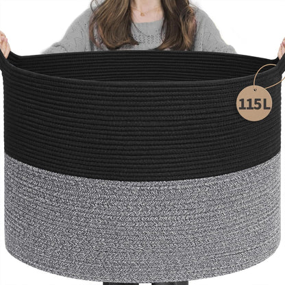 INDRESSME XXXLarge Blanket Basket for Living Room 21.7" x 21.7" x 13.8"-Storage Basket with Handle for Organizing Toy Pillows Woven Cotton Rope Laundry Basket Stuffed Animal Toy Storage for Play Room