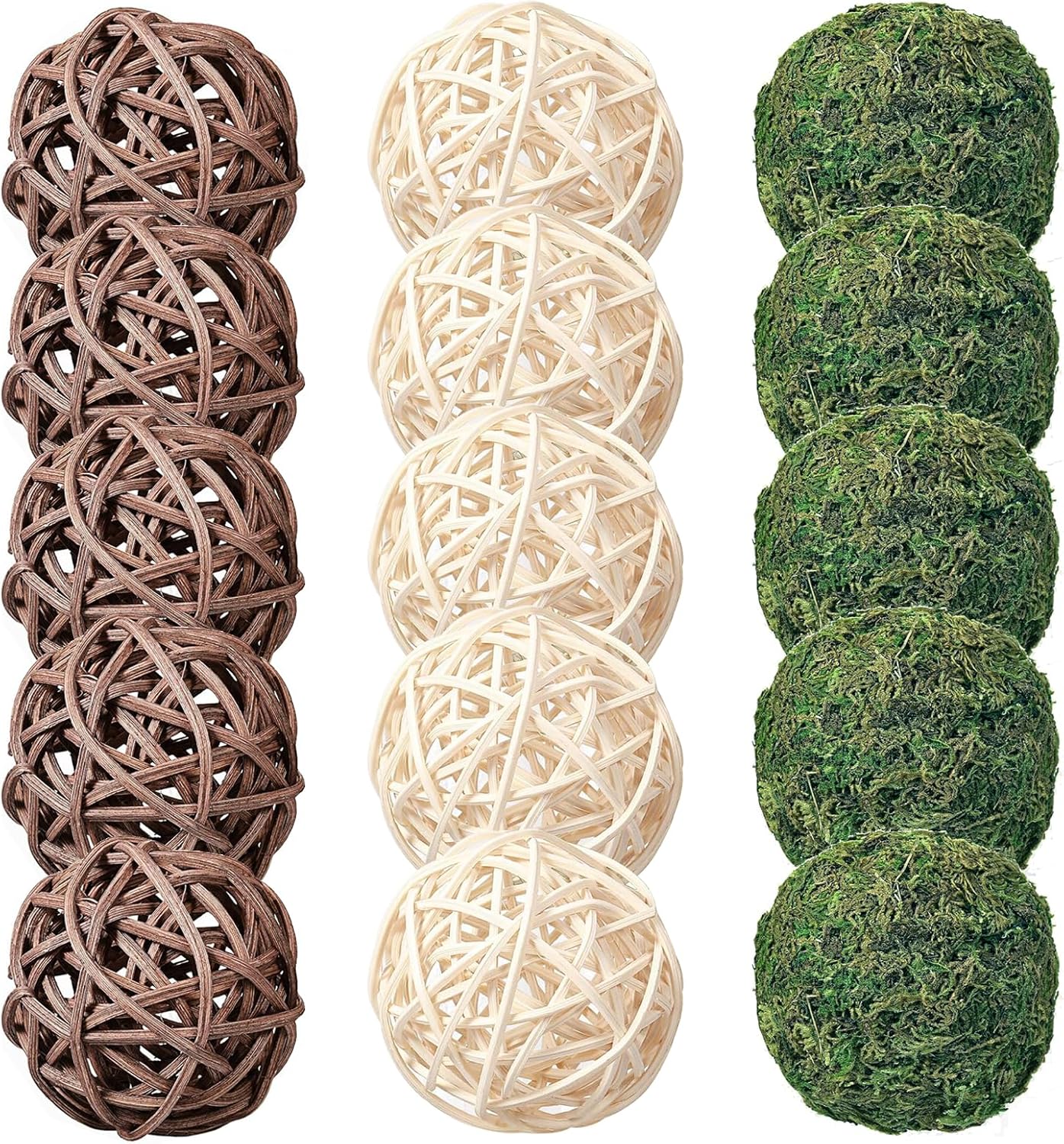 15pcs Decorative Balls for Vase Centerpiece Bowls Orbs Filler Table Decor, 2.4 in Wicker Rattan Balls and Moss Balls Set(Green + Brown + White)