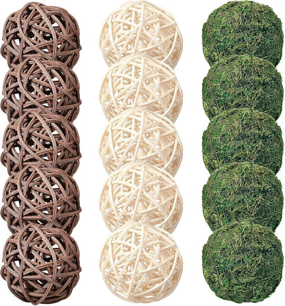 15pcs Decorative Balls for Vase Centerpiece Bowls Orbs Filler Table Decor, 2.4 in Wicker Rattan Balls and Moss Balls Set(Green + Brown + White)