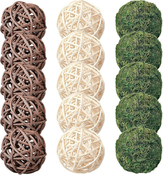 15pcs Decorative Balls for Vase Centerpiece Bowls Orbs Filler Table Decor, 2.4 in Wicker Rattan Balls and Moss Balls Set(Green + Brown + White)
