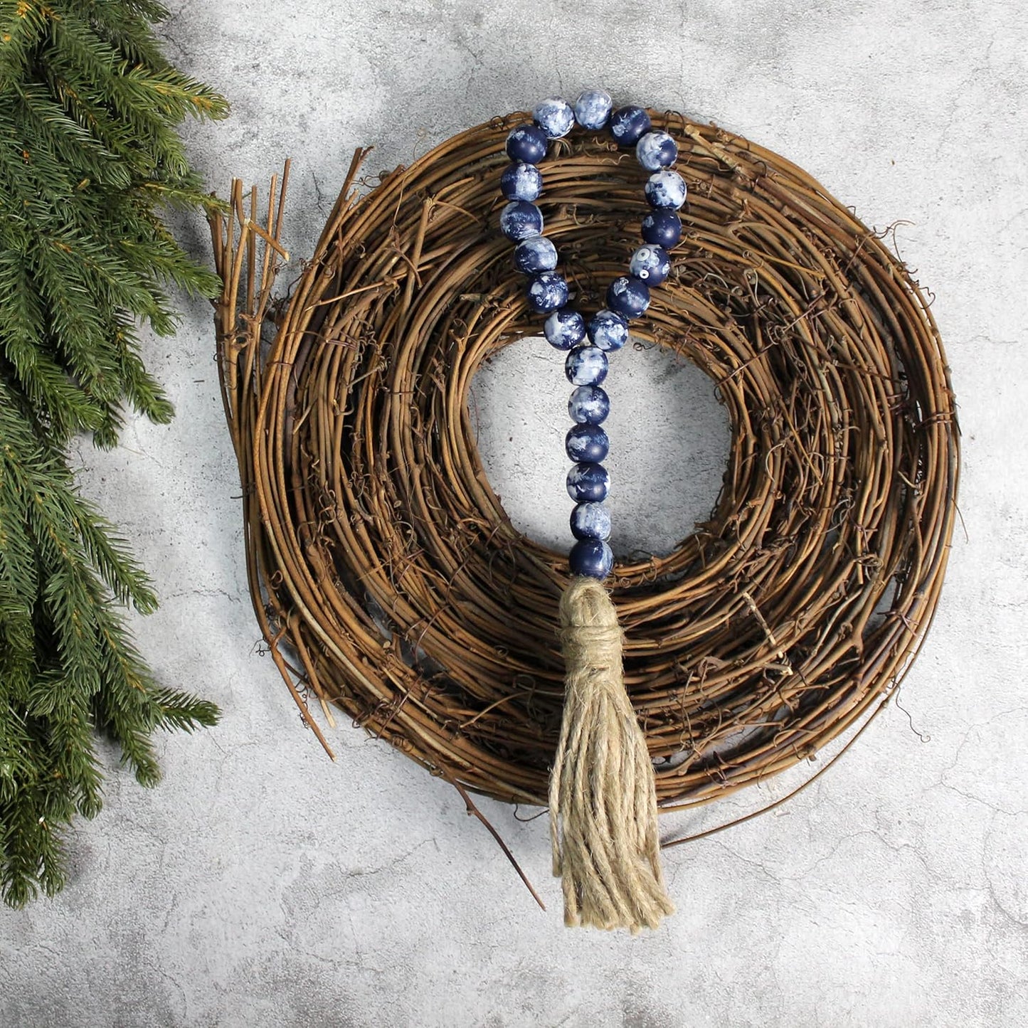 CVHOMEDECO. Wood Beads Garland with Tassels 3 PCS Farmhouse Rustic Wooden Prayer Bead String Wall Hanging Accent for Home Festival Decor. Natural