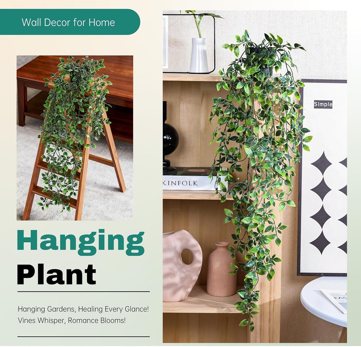 Der Rose 34'' Fake Plants Hanging Artificial Potted Plants Indoor and Outdoor for Home Bathroom Wall Shelf Office Decor (1Pack)