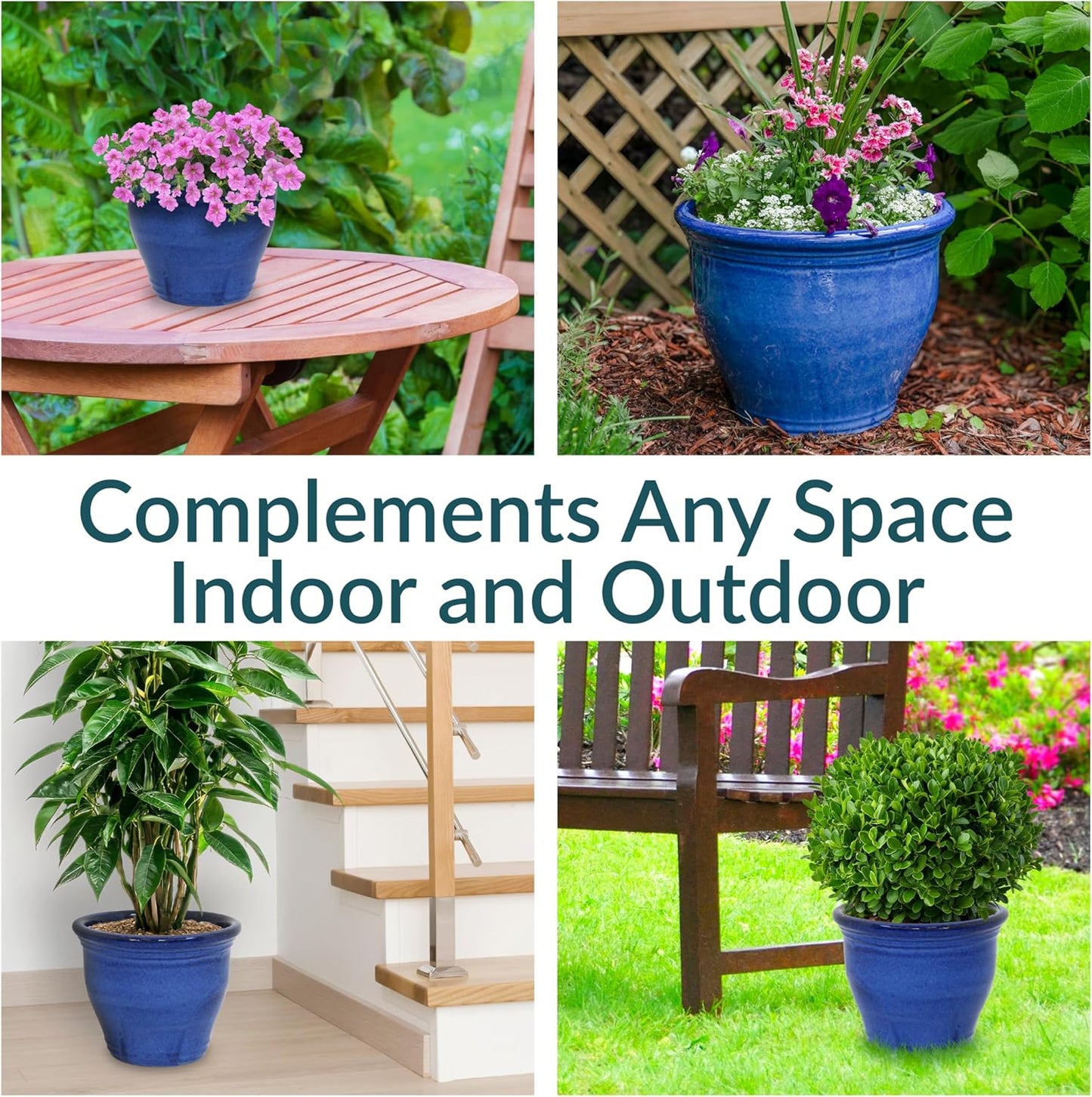Sunnydaze Large Ceramic Plant Pot - Round Outdoor Glazed Ceramic Planter Pot with Drainage - Studio - Imperial Blue - 18.5"