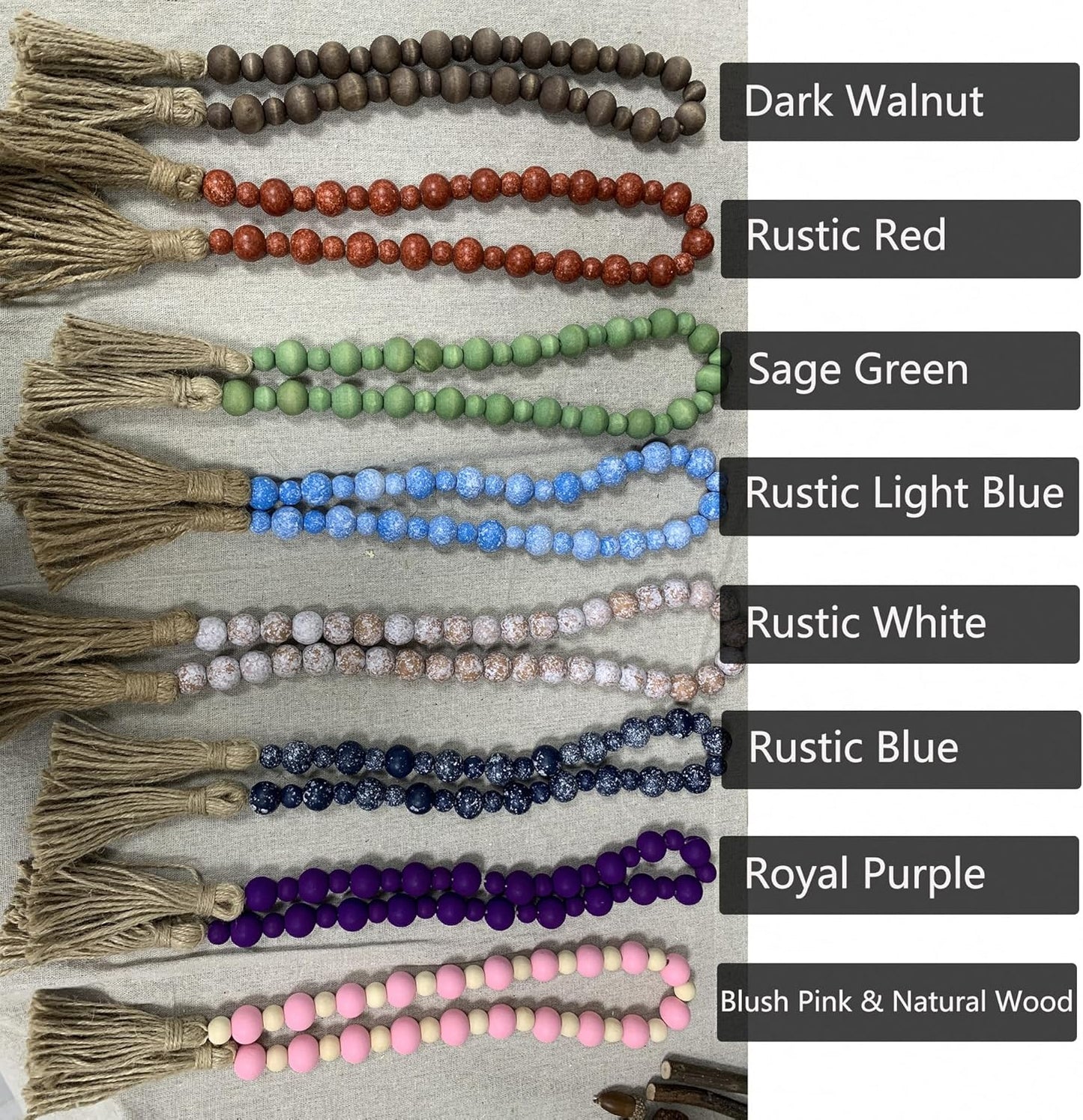 Handcrafted Farmhouse Wooden Decorative Beads Garland, Table Tray Boho Wood Beads with Tassel, Small Rustic Antique Decor for Home and Events (32" Rustic Blue)