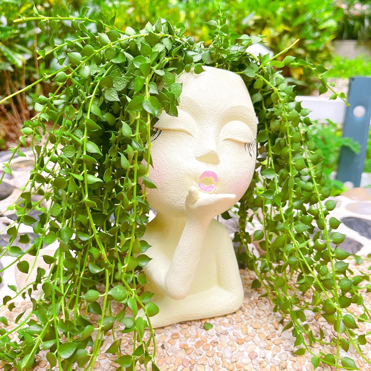 Handmade Face Flower Pots Standing Air Kiss Head Planter Pot for Trailing Plants Cute Succulent Planter Resin Planters Funny Face Planters with Anti-Friction Pads White 1Pack