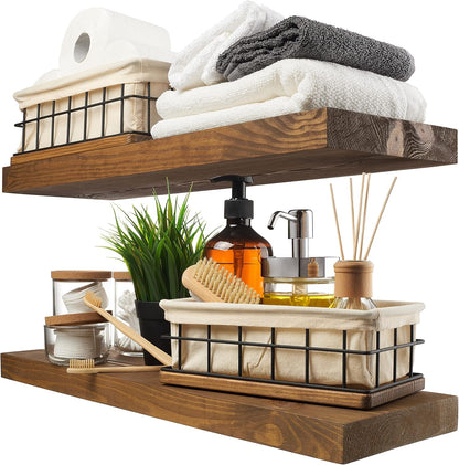 BAOBAB WORKSHOP Wood Floating Shelves for Wall Mounted, 16 inch Walnut Floating Shelf for Bathroom, Solid Wooden Wall Shelves for Kitchen Bedroom Farmhouse, Walnut Finish, 16 x 6.7, Set of 2