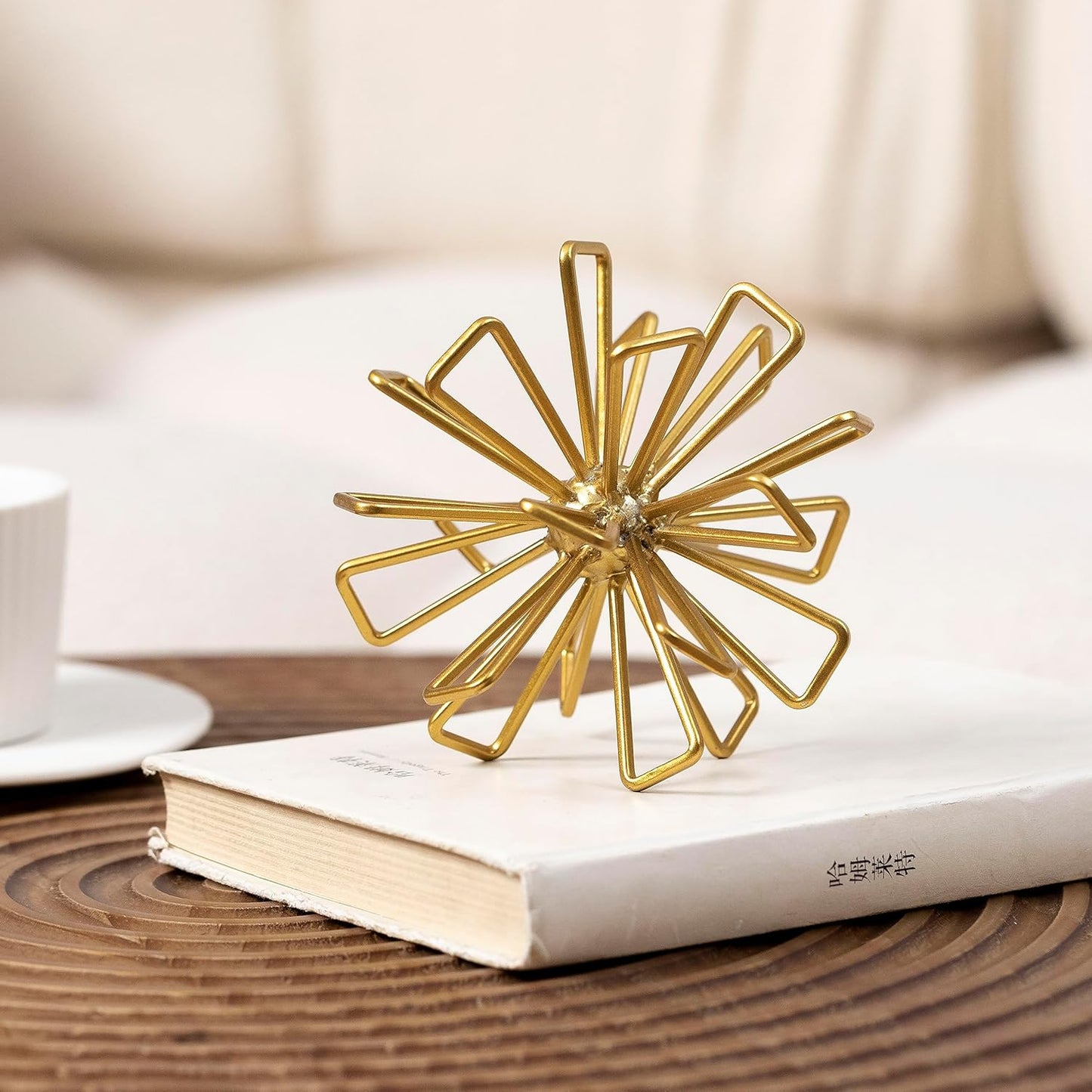 5.5" Gold Metal Geometric Sculpture, Modern Square Decorative Sphere, Small Tabletop Decoration Ball for Home Office Table Shelf Living Room Bedroom Desk Decor