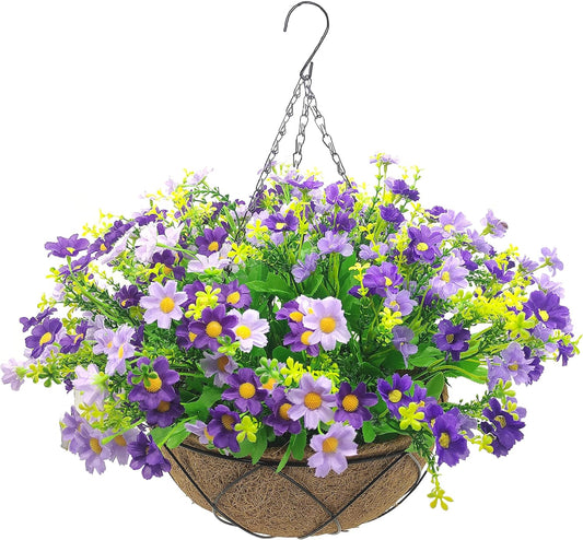 Artificial Faux Hanging Plants Flowers Basket for Summer Autumn, Colorful Daisy Flowers Eucalyptus UV Resistant Look Real for Outdoor Outside Porch Decoration