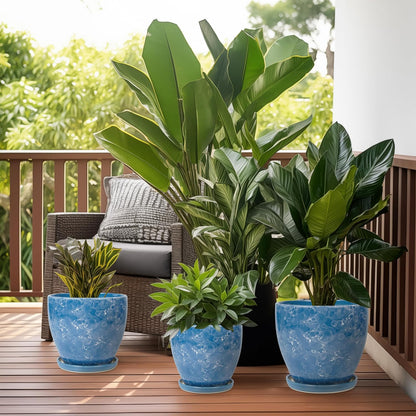 10 Inch Ceramic Planter Pot Round Plant Pot for Indoor Plants Outdoor Large Flower Pot with Drainage Hole and Saucer Blue