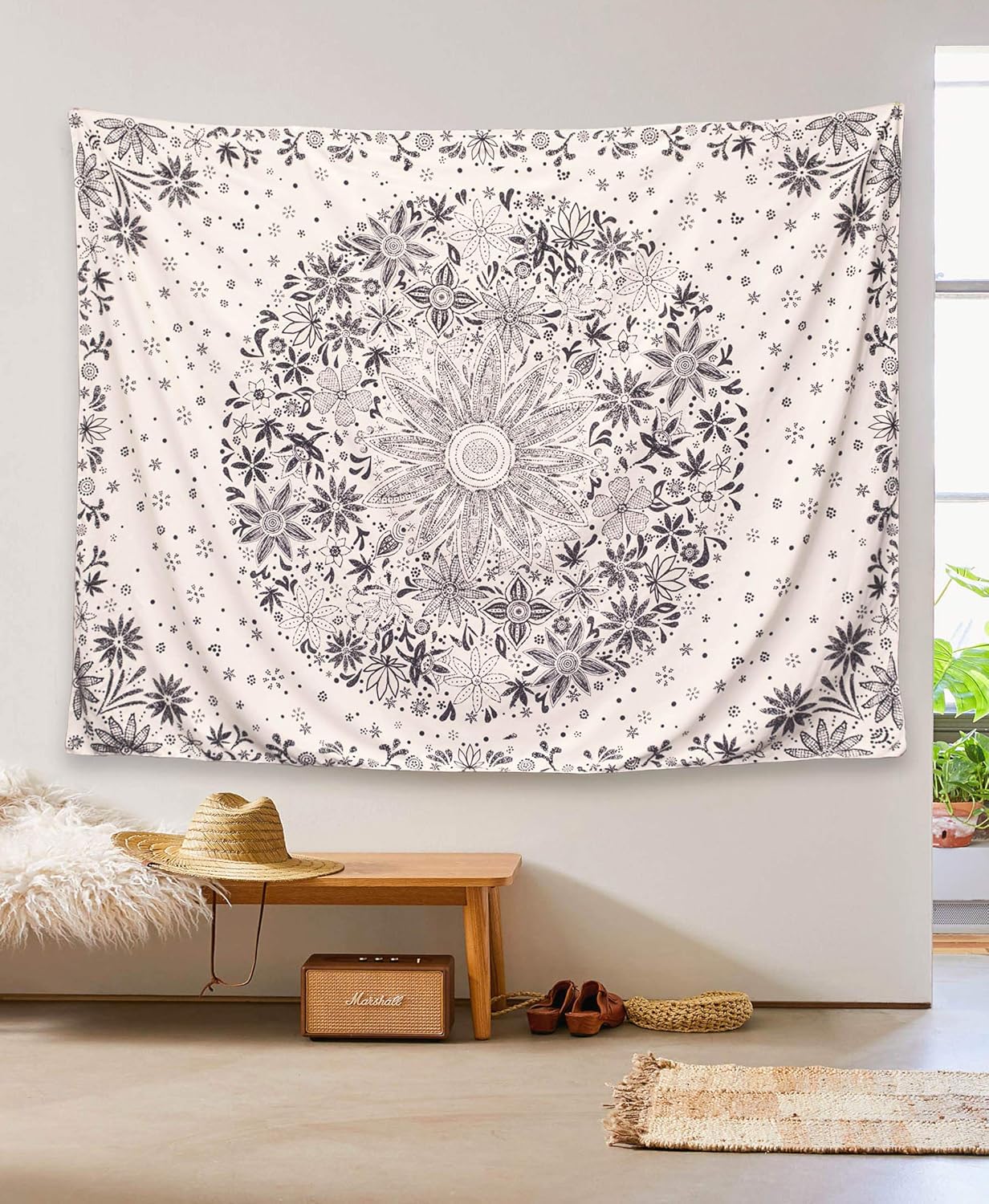 Neasow Bohemian Tapestry Wall Hanging, Beige White Floral Tapestry with Dotted Daisy Medallion Print Bedroom Boho Hippie Home Decor, 36×48 inches