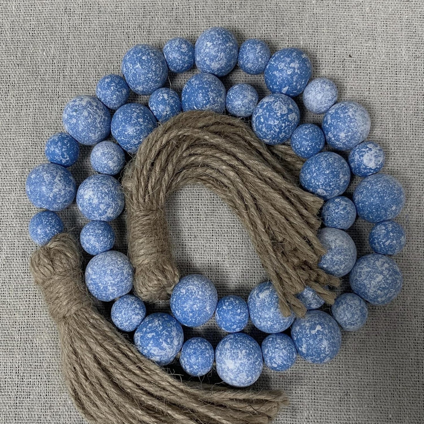Handcrafted Farmhouse Wooden Decorative Beads Garland, Table Tray Boho Wood Beads with Tassel, Small Rustic Antique Decor for Home and Events (32" Rustic Blue)
