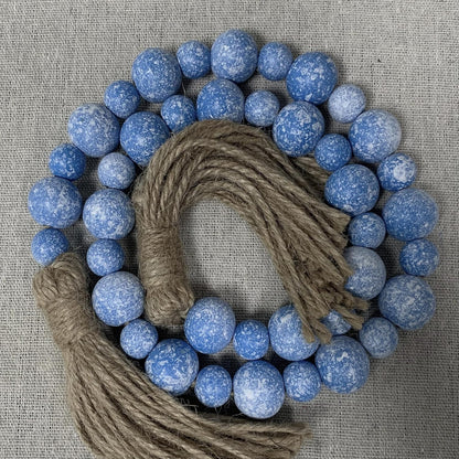 Handcrafted Farmhouse Wooden Decorative Beads Garland, Table Tray Boho Wood Beads with Tassel, Small Rustic Antique Decor for Home and Events (32" Rustic Blue)