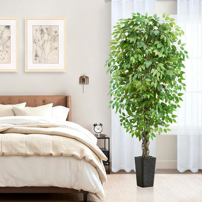 Artificial Ficus Tree 6FT Faux Plants Indoor Tall Fake Plants with White Planter, Green Lifelike Lush Fake Ficus Tree for Home Living Room Bedroom Outdoor Balcony House Office Decor